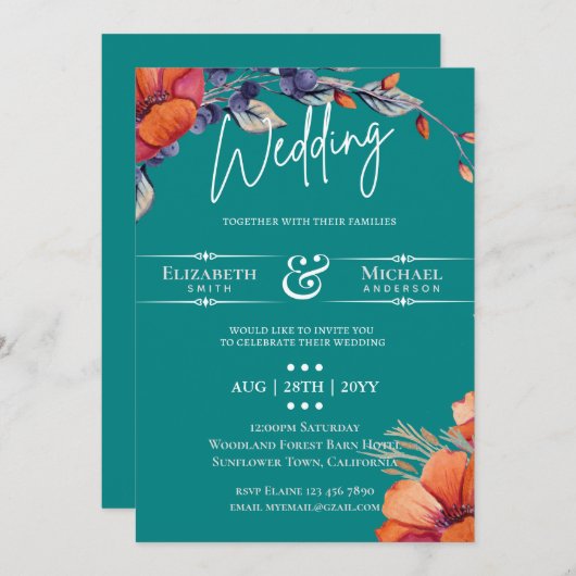 Invitation de mariage florale orange sarcelle mode (Devant / Derrière)