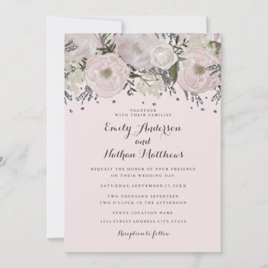 Invitation de mariage florale rose argentée Pretty (Devant)