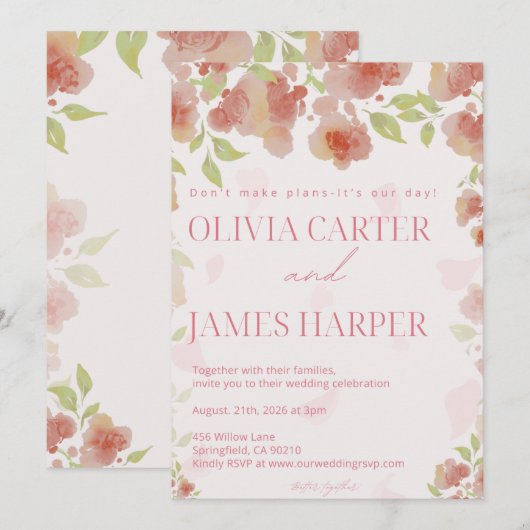 Invitation de mariage florale rose – Élégant rusti (Devant / Derrière)