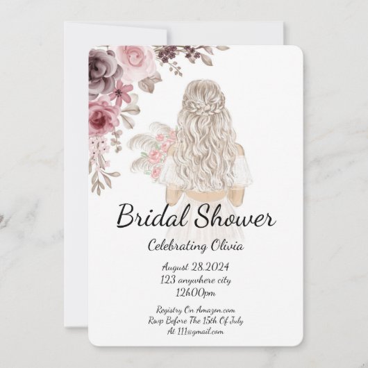 Invitation de mariage florale rose et bordeaux (Devant)