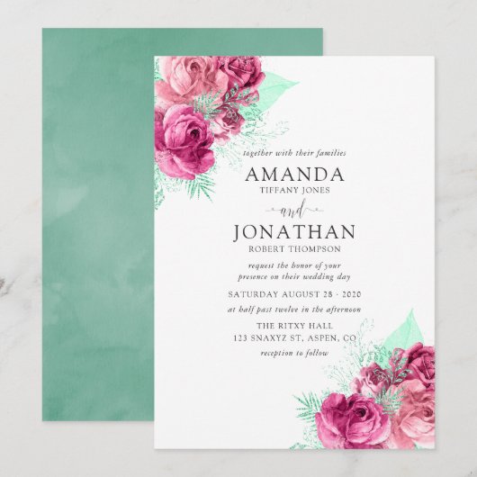Invitation de mariage florale rose et menthe (Devant / Derrière)