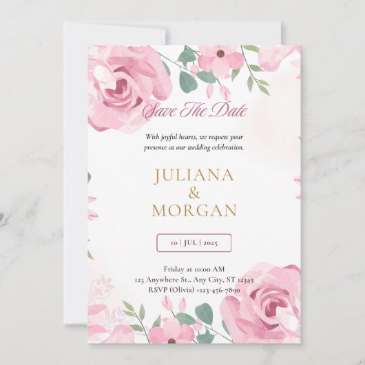 Invitation de mariage florale rose et or modèle | (Devant)