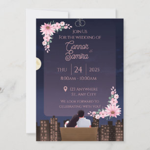 Invitation de mariage florale rose paysage urbain