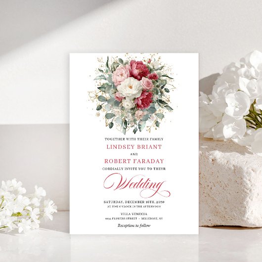 Invitation de mariage florale rouge blanc or Boho