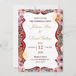 Invitation de mariage florale rouge et rose