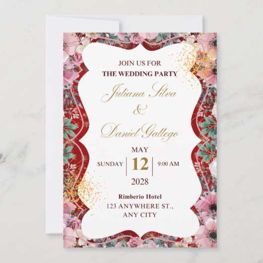 Invitation de mariage florale rouge et rose (Devant)