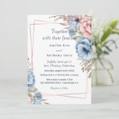 Invitation de mariage florale rustique bleue et ro (Debout devant)