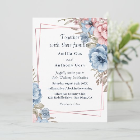 Invitation de mariage florale rustique bleue et ro (Debout devant)