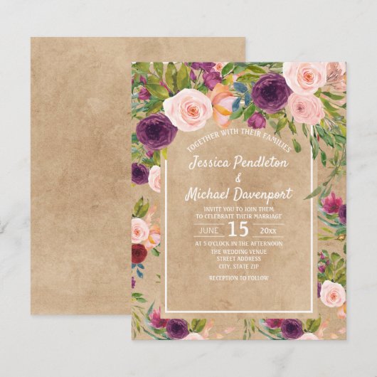 Invitation de mariage florale Rustique Kraft Bohèm (Devant / Derrière)
