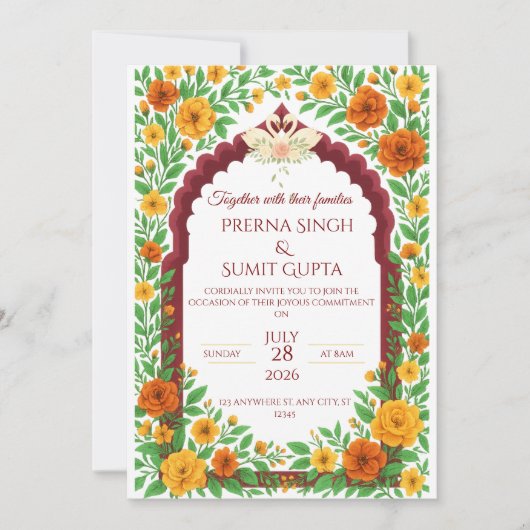Invitation de mariage florale traditionnelle indie (Devant)