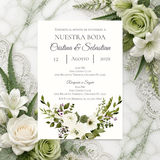 Invitation de mariage florale verte en espagnol