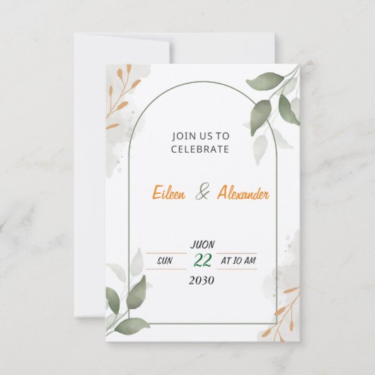 Invitation de mariage florale verte et marron (Devant)