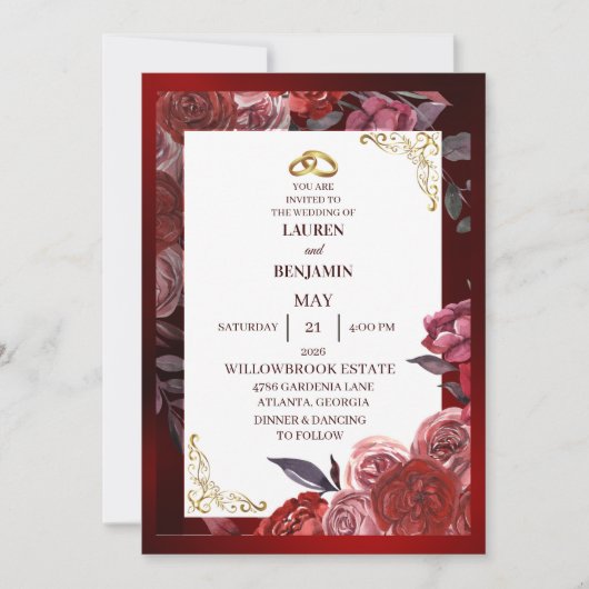 Invitation de mariage formelle en rouge et or (Devant)