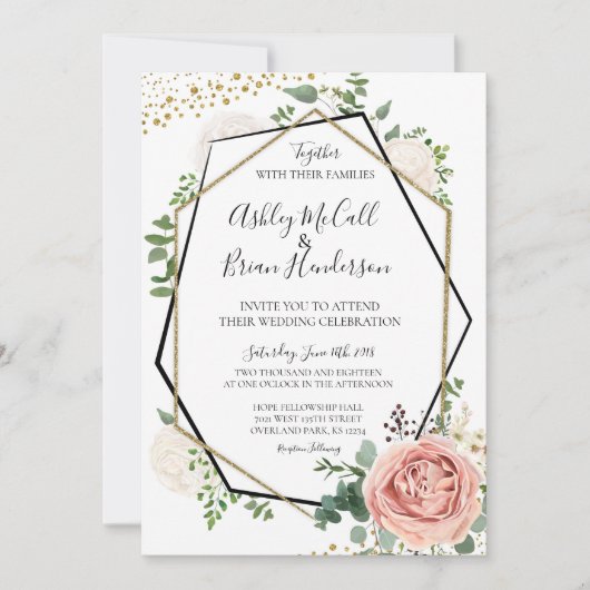 Invitation de mariage géométrique moderne or et ro (Devant)