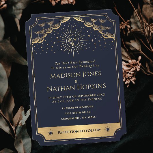 Invitation de mariage Gold & Blue Sun et Moon Taro