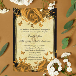Invitation de mariage Gold Heart Roses & Butterfli