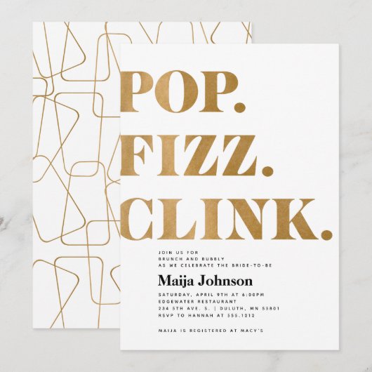 Invitation de mariage Gold Pop Fizz Clink (Devant / Derrière)