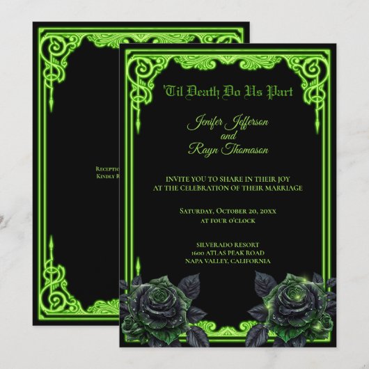 Invitation de mariage gothique à néon vert (Devant / Derrière)