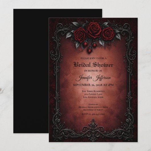 Invitation de mariage gothique aux roses rouges (Devant / Derrière)