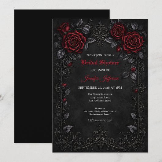 Invitation de mariage gothique aux roses rouges (Devant / Derrière)