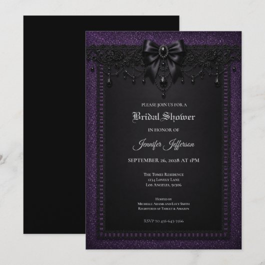 Invitation de mariage gothique dentelle noir viole (Devant / Derrière)
