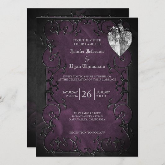 Invitation de mariage gothique élégant violet Hall (Devant / Derrière)