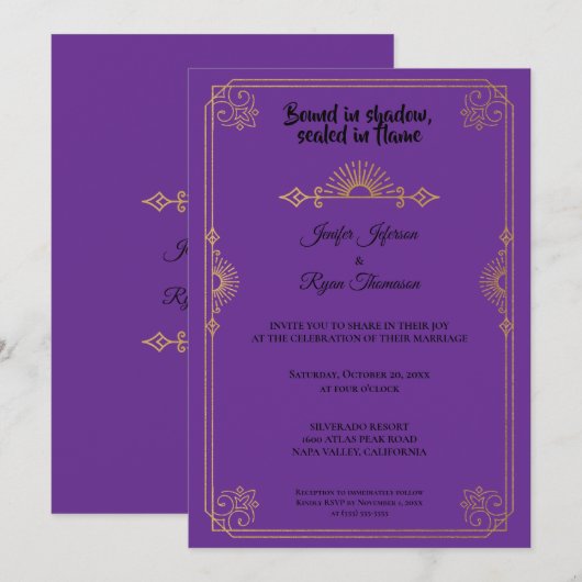 Invitation de mariage gothique élégante violette e (Devant / Derrière)
