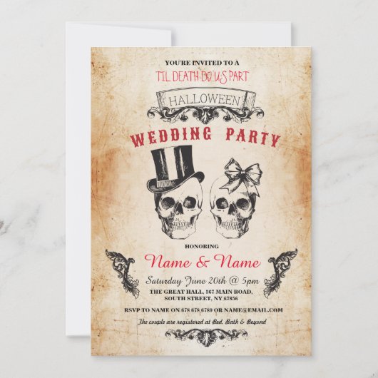 Invitation de mariage gothique Halloween avec crân (Devant)