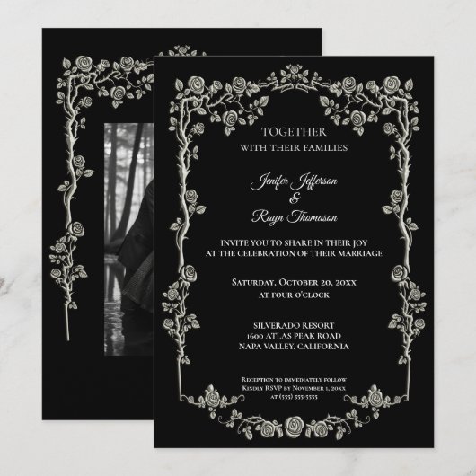 Invitation de mariage gothique noir et blanc éléga (Devant / Derrière)