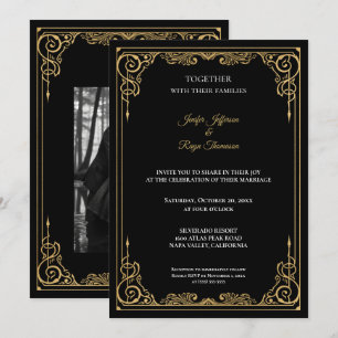 Invitation de mariage gothique noir et or élégante