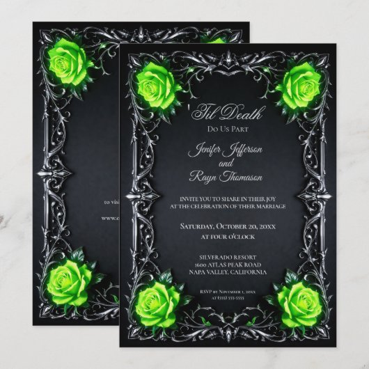 Invitation de mariage gothique vert élégant (Devant / Derrière)
