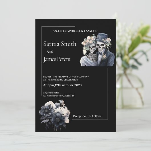 Invitation de mariage Halloween gothique Fleurs no (Debout devant)