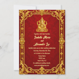 Invitation de mariage hindou élégante rouge or Gan