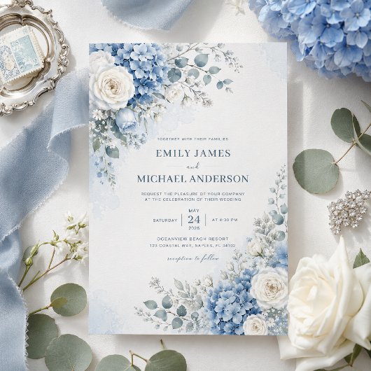 Invitation de mariage Hortensia Bleu