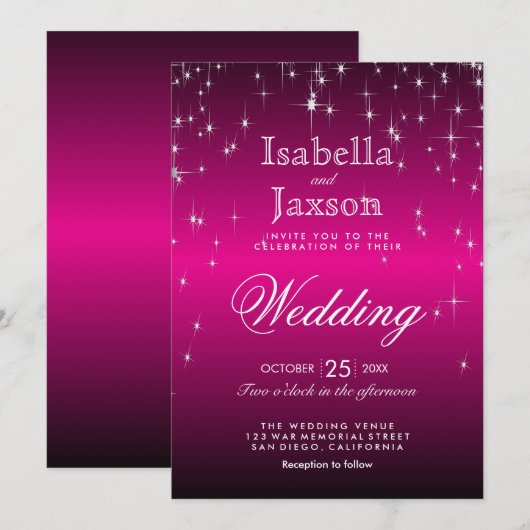 Invitation de mariage Hot Pink Star Lights (Devant / Derrière)