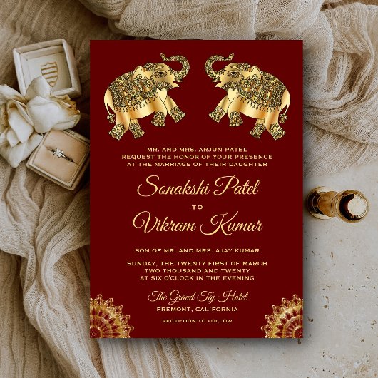 Invitation de mariage indien éléphant ethnique or