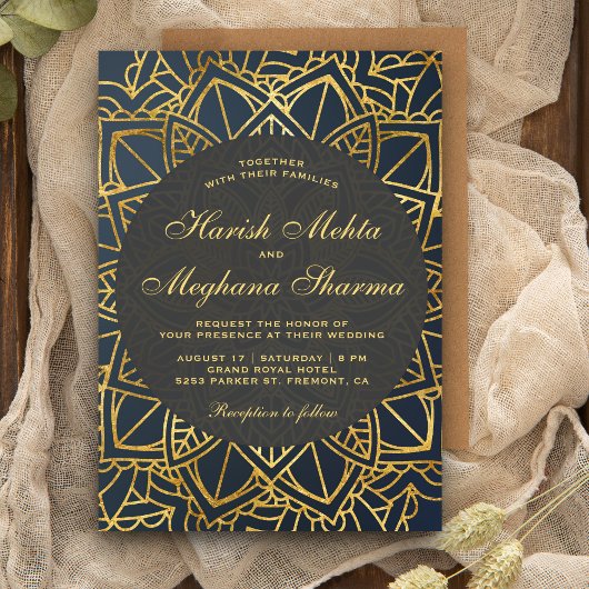 Invitation de mariage indien mandala en faux or mo