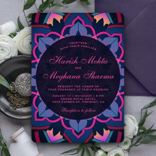 Invitation de mariage indien mandala floral bleu r