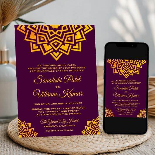 Invitation de mariage indien mandala or prune mode