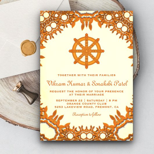 Invitation de mariage indienne à roue de Dharma or