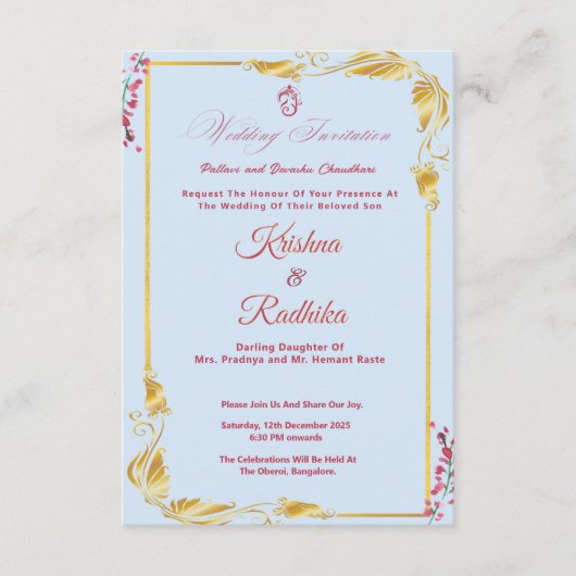 Invitation de mariage indienne bleu ciel (Devant)