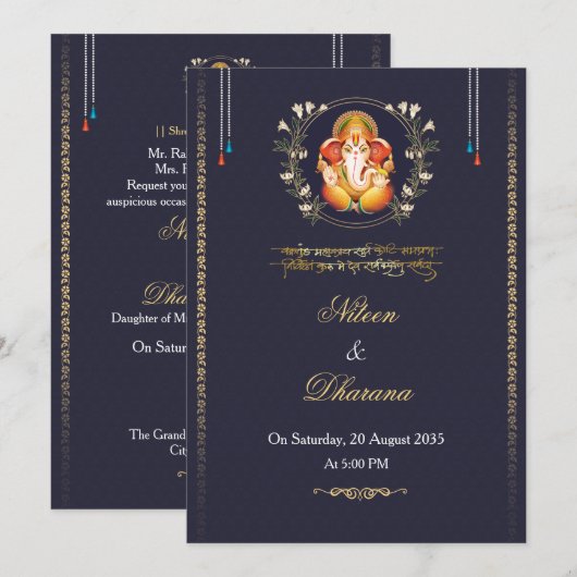 Invitation de mariage indienne bleu royal (Devant / Derrière)