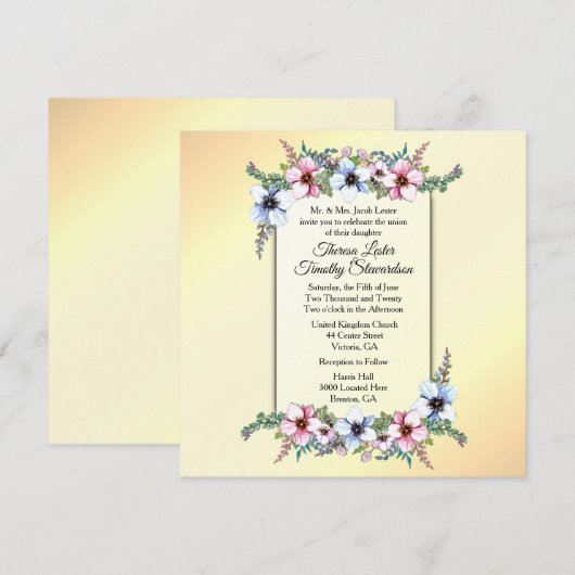 Invitation de mariage jaune floral (Devant / Derrière)