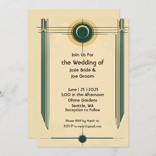 Invitation de mariage jaune vert art déco (Devant / Derrière)