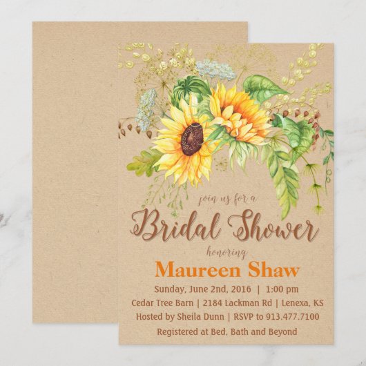 Invitation de mariage kraft tournesol (Devant / Derrière)