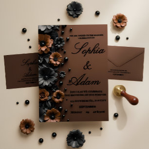 Invitation de mariage luxe 3D fleurs bronze et noi