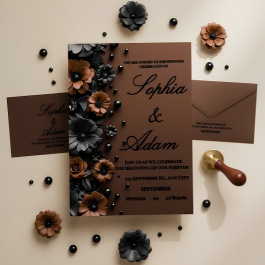 Invitation de mariage luxe 3D fleurs bronze et noi