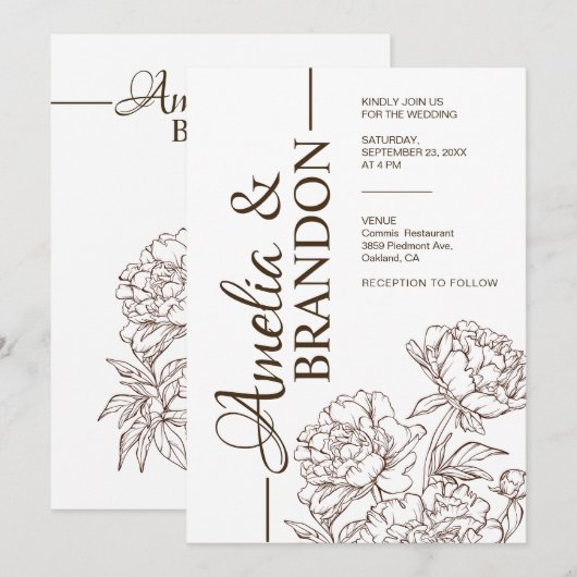 Invitation de mariage luxe pivoine minimaliste (Devant / Derrière)