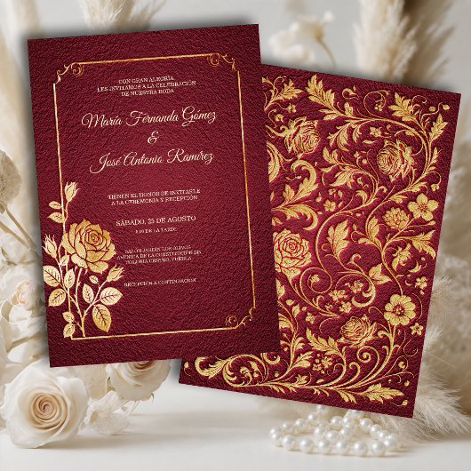 Invitation de mariage Marsala dorée Roses