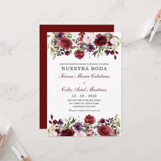 Invitation de mariage marsala en espagnol (Devant/Arrière en situation)